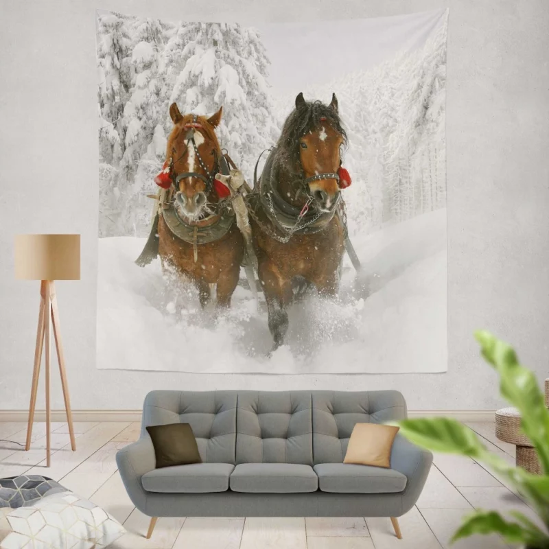 Horse in Winter Snow Majestic Beauty Wall Hanging Tapestry