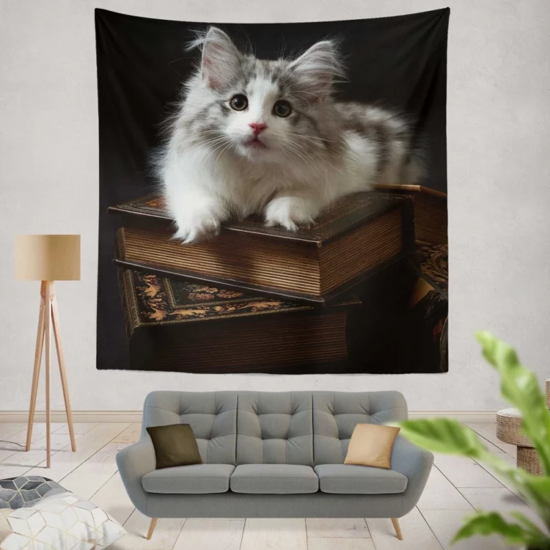 Kitten Among Books Whiskered Curiosity Wall Hanging Tapestry