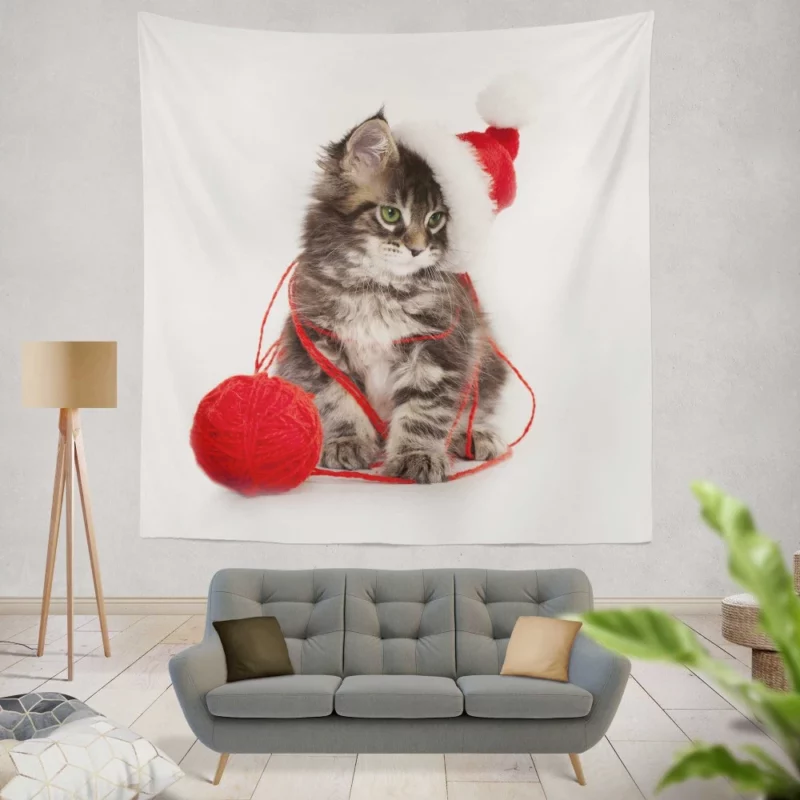 Kitten Santa Playtime Feline Festivities Wall Hanging Tapestry