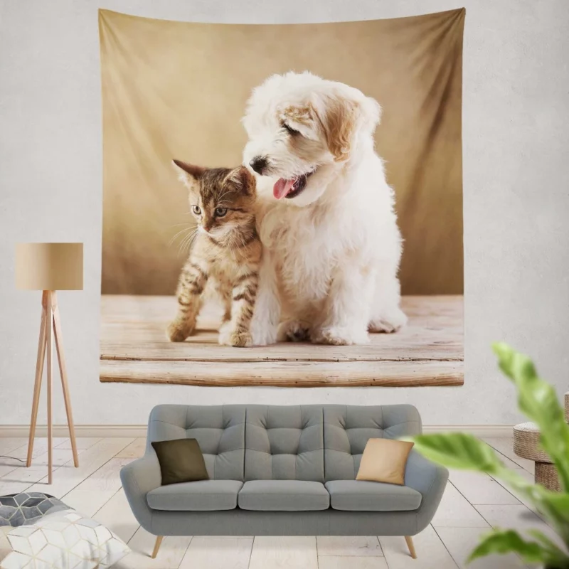 Kitten and Puppy Furry Friendship Wall Hanging Tapestry