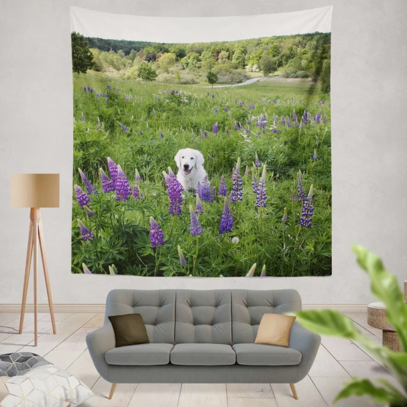 Labrador Amidst Purple Lupines Floral Charm Wall Hanging Tapestry