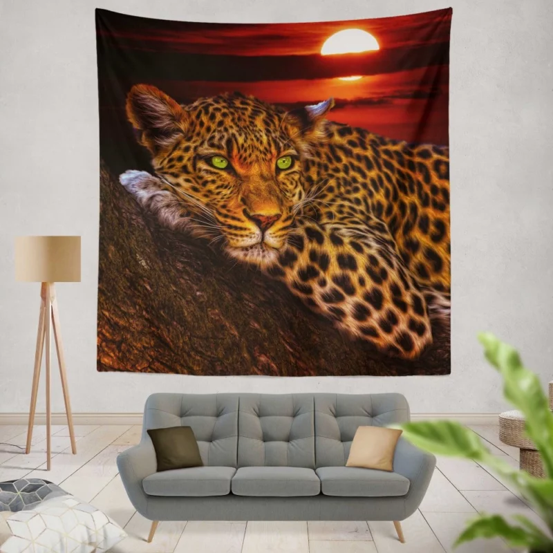 Leopard Tree Perch at Sunset Wilderness Charm Wall Hanging Tapestry