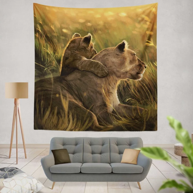 Lion Cub Tender Hug Familial Love Wall Hanging Tapestry