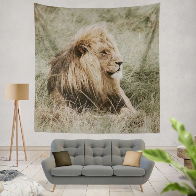 Lion Regal Presence Grassland Majesty Wall Hanging Tapestry