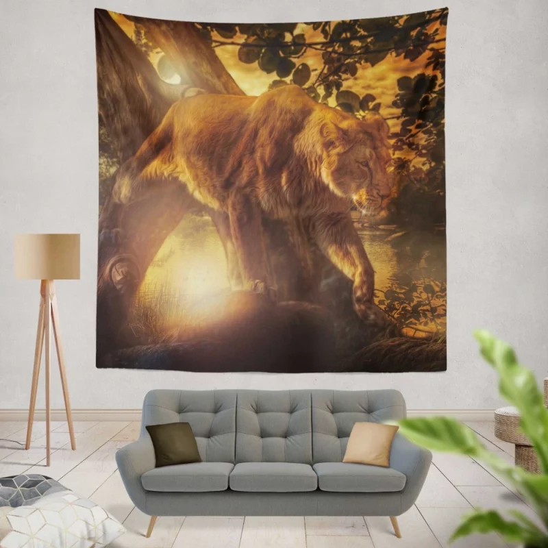 Lioness Vigil Guardian of Sunset Wall Hanging Tapestry