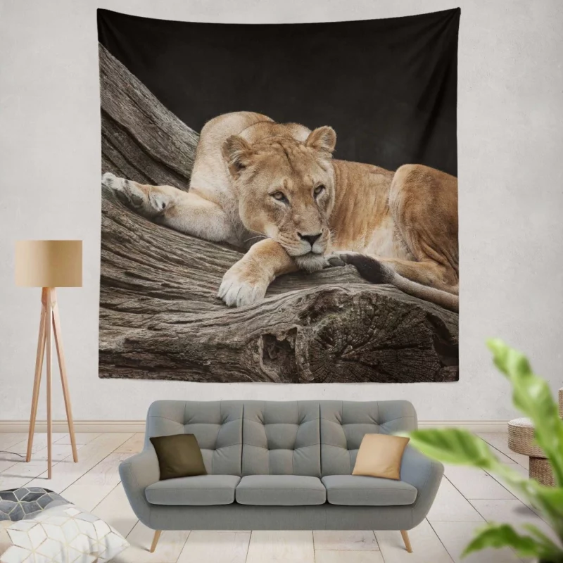 Lioness on Log Nature Majesty Wall Hanging Tapestry