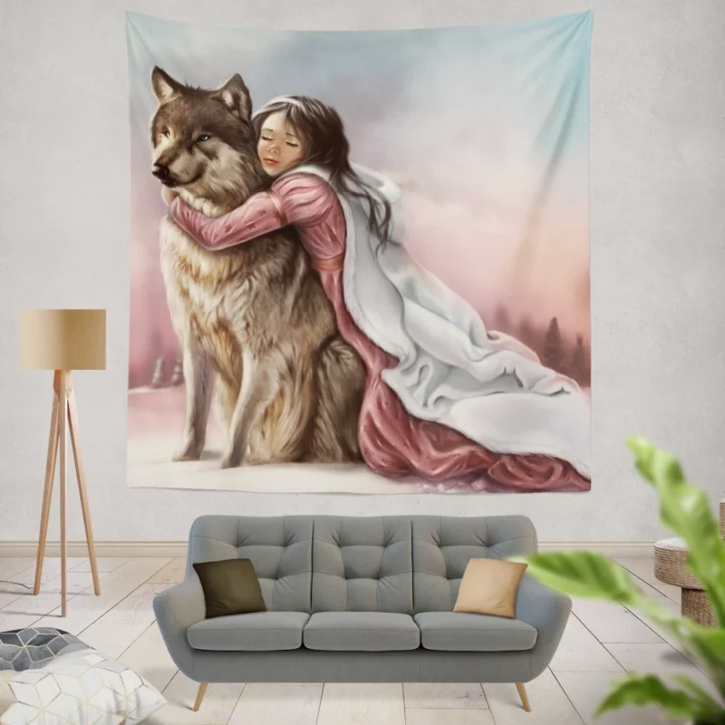 Little Girl and Wolf Unbreakable Bond Wall Hanging Tapestry