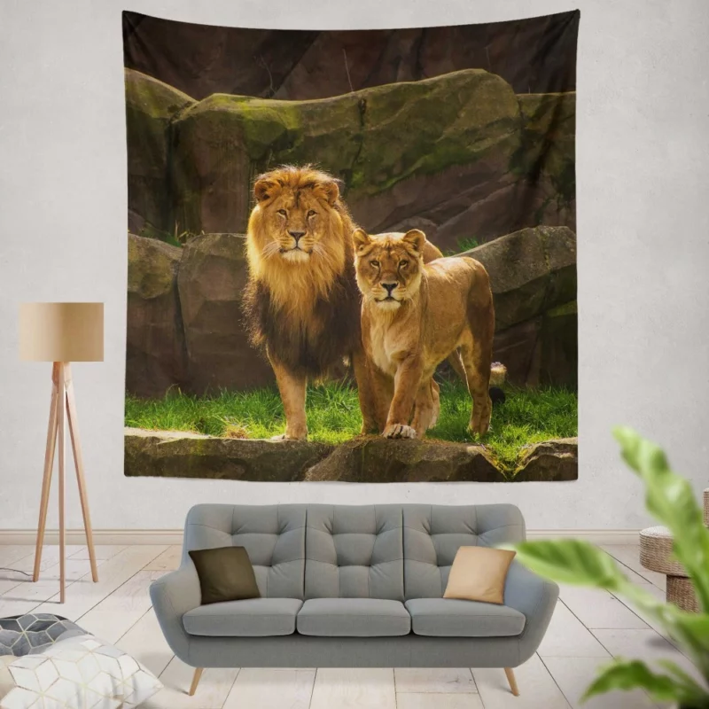 Loving Lion Pair Regal Bond Wall Hanging Tapestry