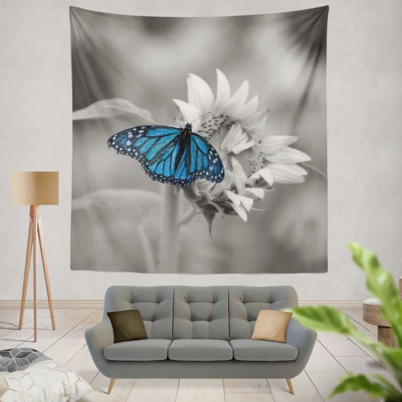 Macro Blue Butterfly Floral Elegance Wall Hanging Tapestry