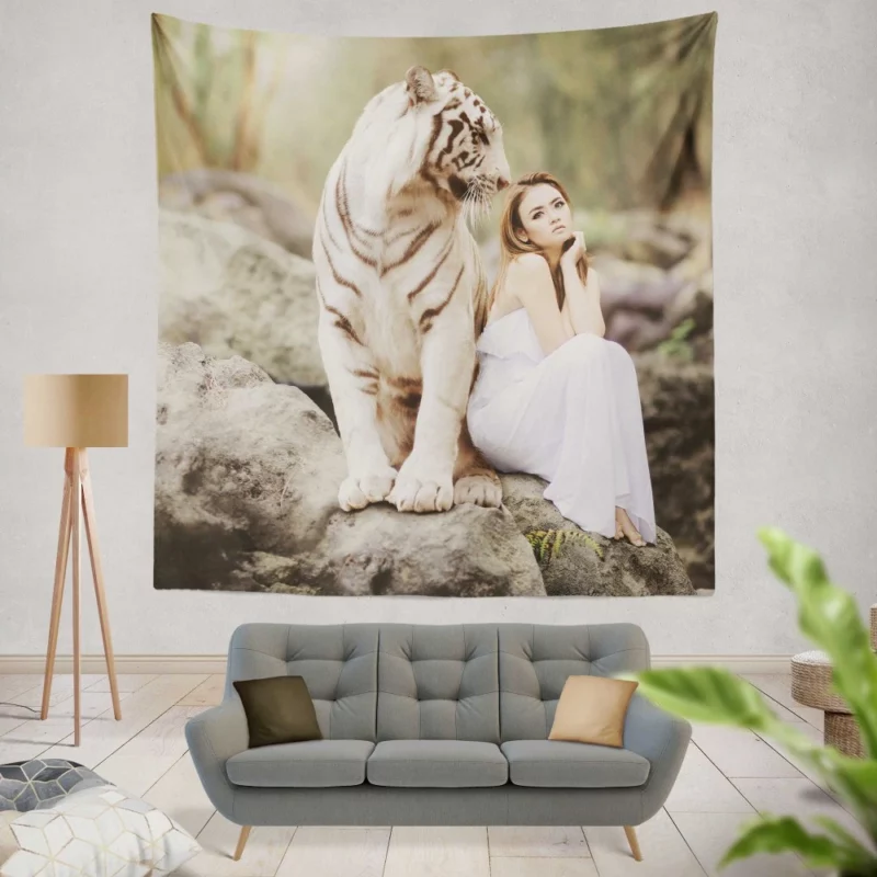 Model Girl Photoshoot with White Tiger Wall Hanging Tapestry