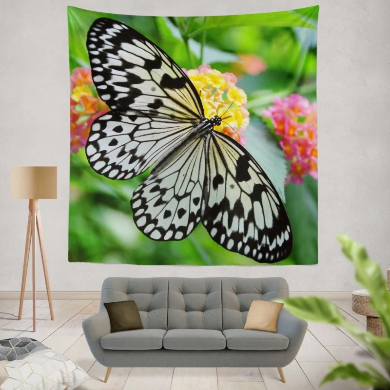 Monochrome Malabar Butterfly Floral Elegance Wall Hanging Tapestry