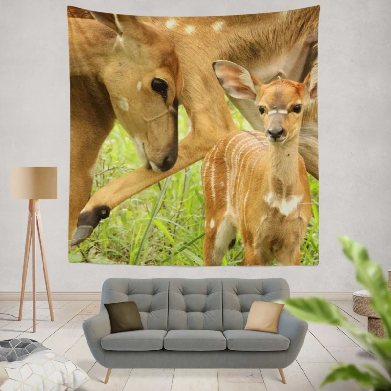 Mother Deer and Fawn Tender Love Wall Hanging Tapestry