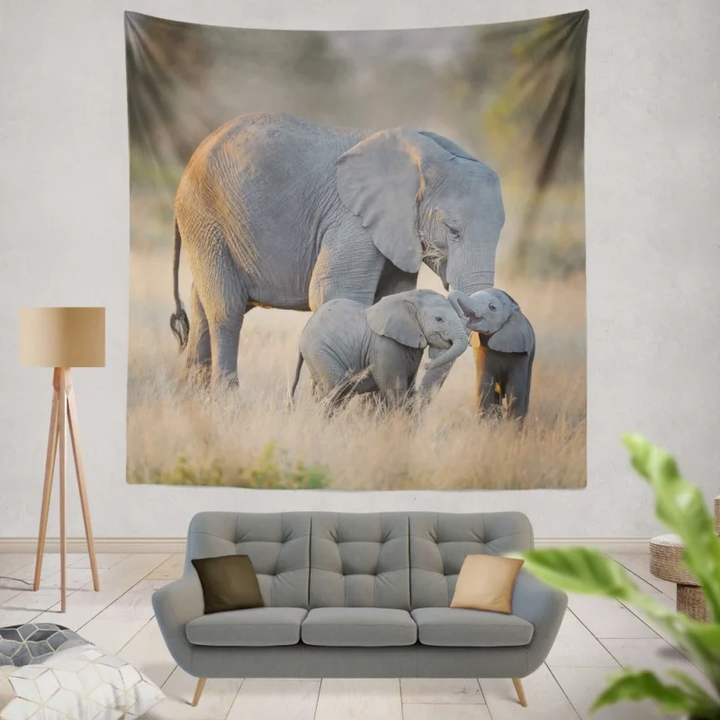 Mother Elephant & Adorable Babies Wall Hanging Tapestry