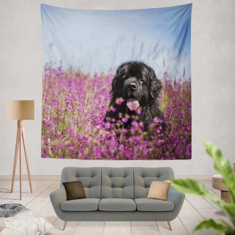 Newfoundland Amidst Purple Blooms Floral Beauty Wall Hanging Tapestry