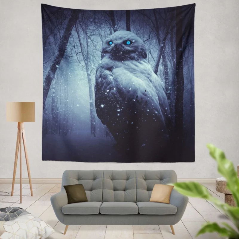 Owl Amidst Snowfall Nocturnal Enigma Wall Hanging Tapestry