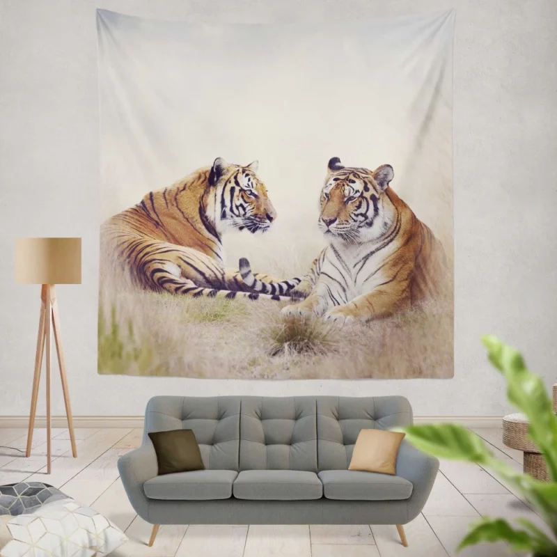 Pair of Tigers Graceful Duet in Grass Wall Hanging Tapestry