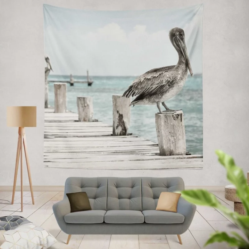 Pelicans on Pier Coastal Gathering Wall Hanging Tapestry