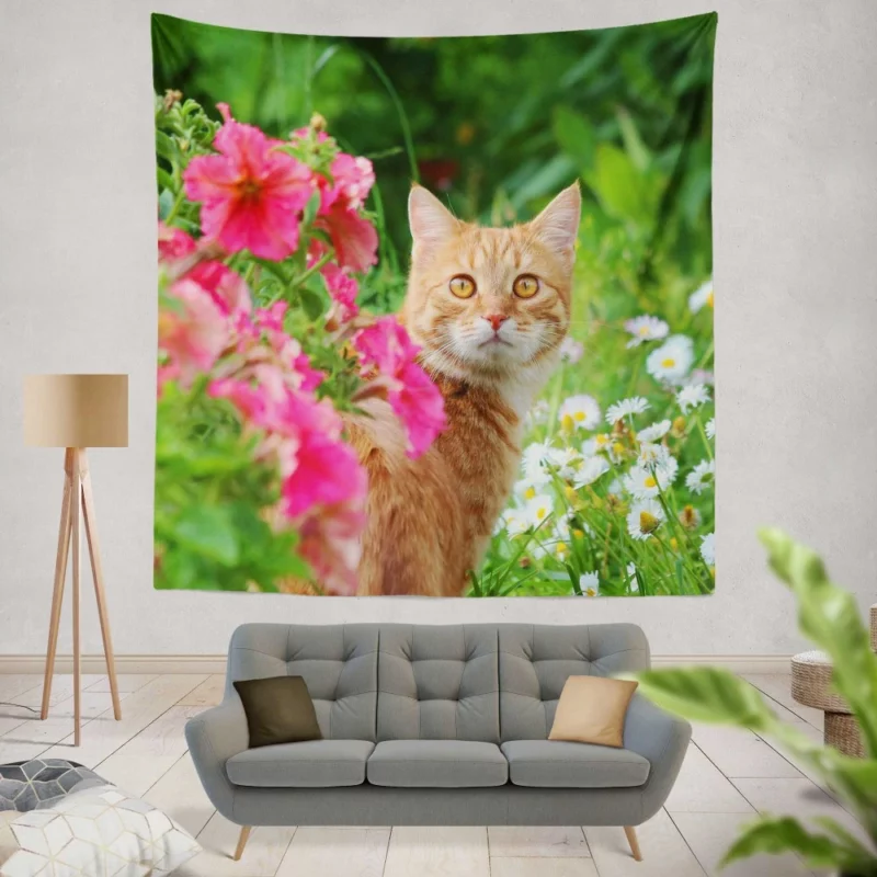 Pink Flower Encounter Cat Curious Stare Wall Hanging Tapestry