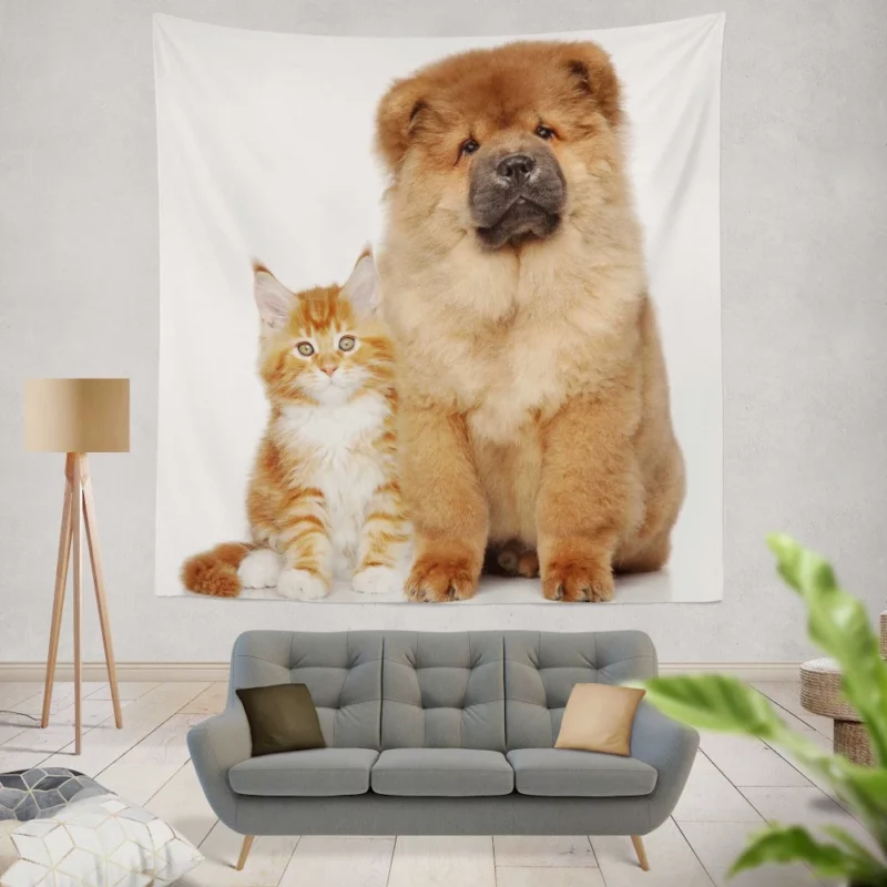 Playful Cat & Chow Chow Furry Bonding Wall Hanging Tapestry