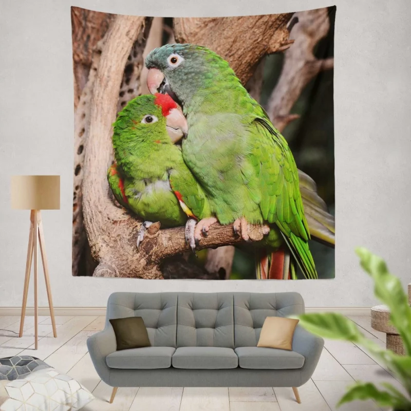 Playful Parrots on a Perch Wall Hanging Tapestry