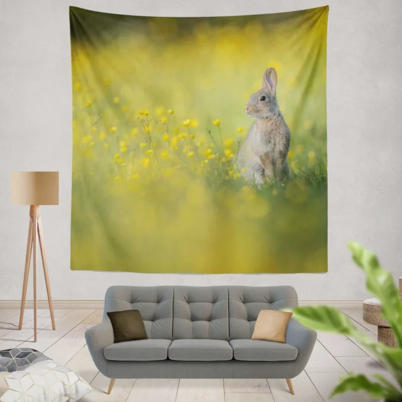 Playful Rabbit Amidst Yellow Beauty Wall Hanging Tapestry