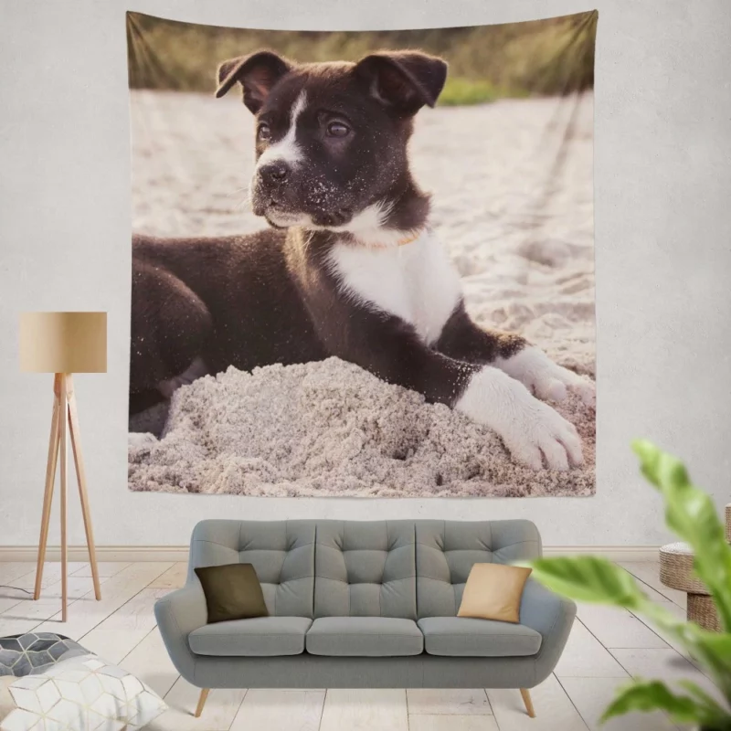 Puppy Beach Adventure Playful Delight Wall Hanging Tapestry