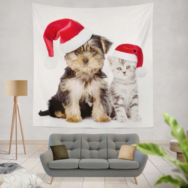 Puppy & Kitten with Santa Hats Festive Delight Wall Hanging Tapestry