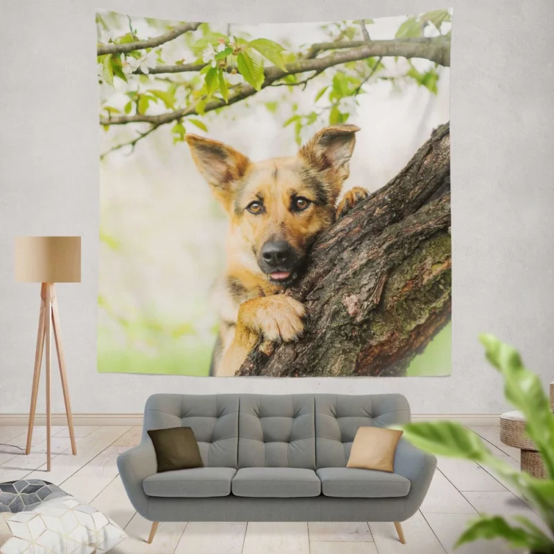 Puppy Tree Adventure Playful Escapade Wall Hanging Tapestry