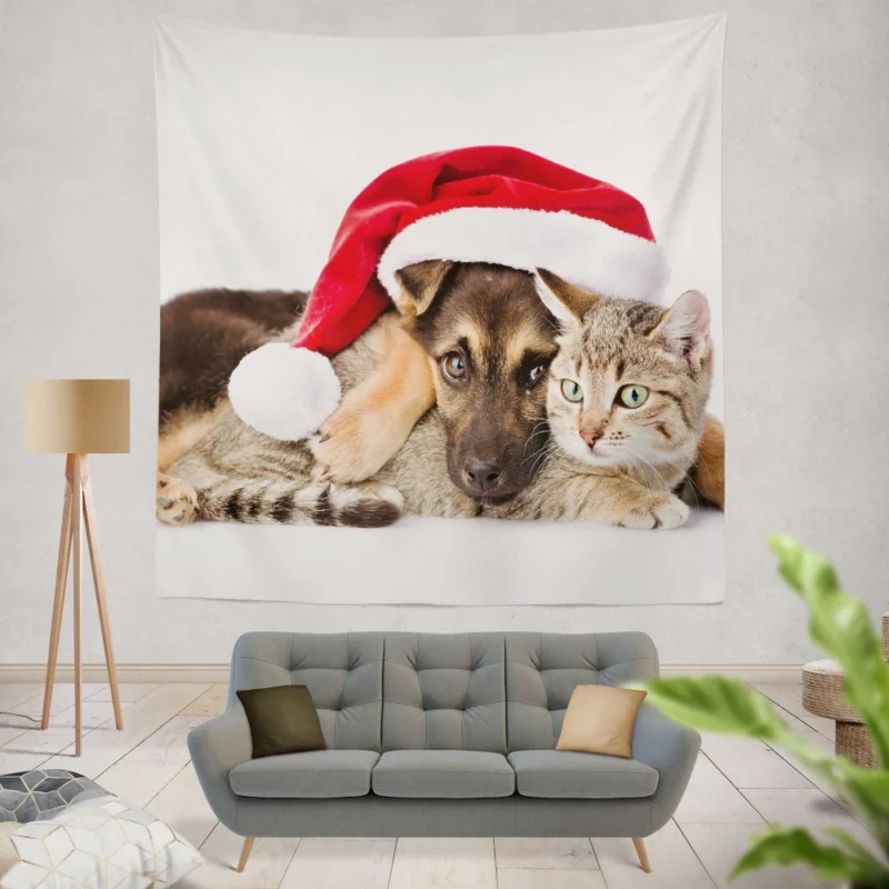 Puppy and Cat Christmas Play Wall Hanging Tapestry