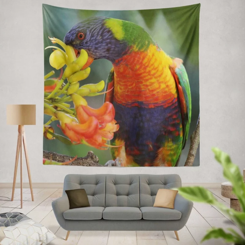 Rainbow Lorikeet Colorful Feast Vibrant Bird Wall Hanging Tapestry