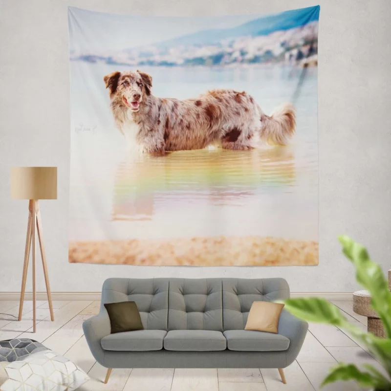 Red Merle Australian Shepherd by Water Wall Hanging Tapestry