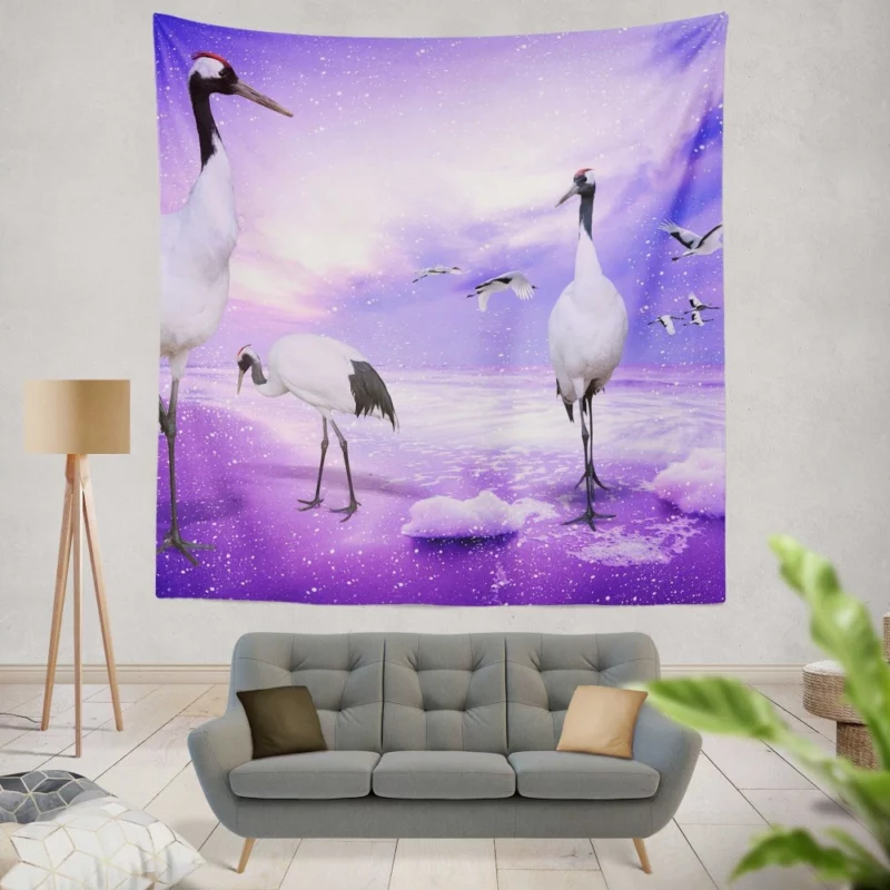 Red-crowned Crane Winter Elegance Snowy Reflection Wall Hanging Tapestry