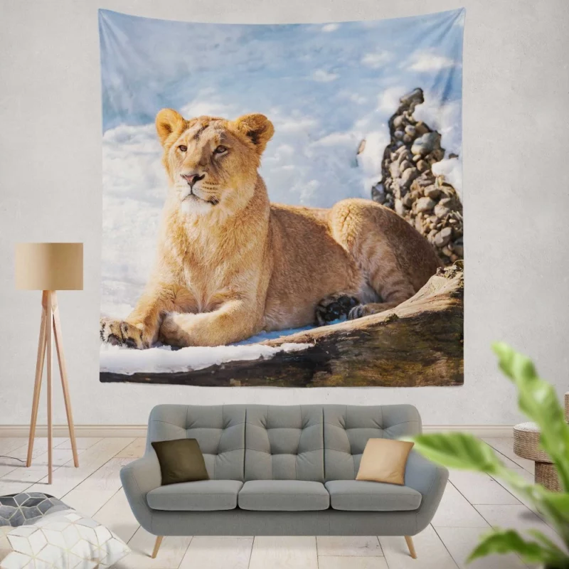 Relaxing Lioness Amidst Snow Wall Hanging Tapestry