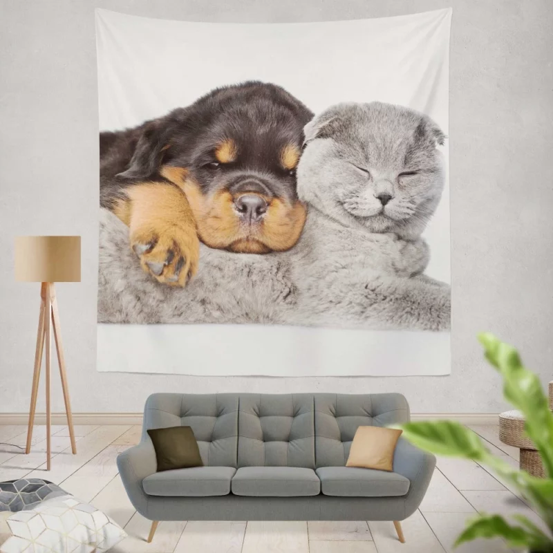 Rottweiler and Cat Cute Camaraderie Wall Hanging Tapestry