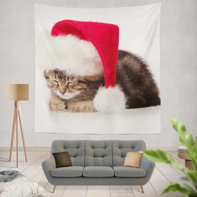 Santa Feline Helper Christmas Curiosity Wall Hanging Tapestry