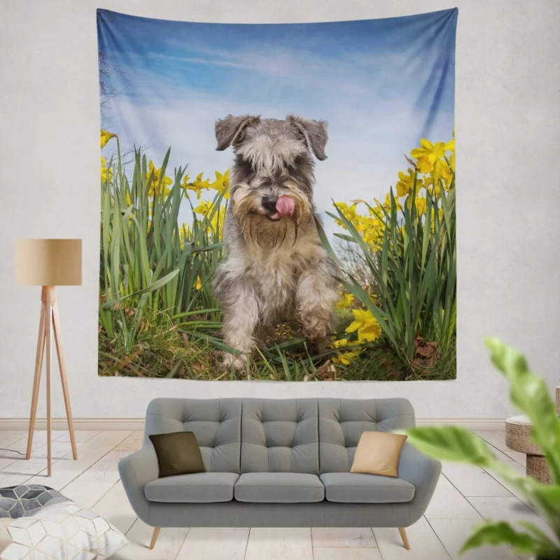 Schnauzer Amidst Yellow Daffodils Wall Hanging Tapestry