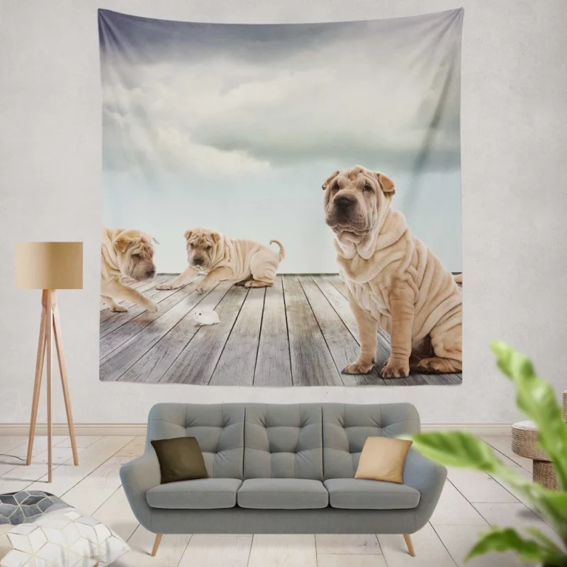 Shar Pei Mouse Encounter Curious Watch Wall Hanging Tapestry