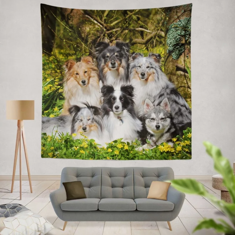 Sheltie and Alaskan Klee Kai Gathering Wall Hanging Tapestry