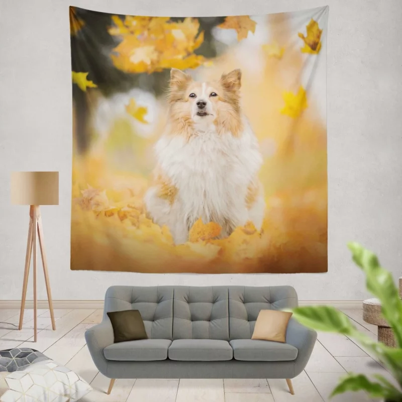 Shetland Sheepdog Amidst Fall Leaves Wall Hanging Tapestry