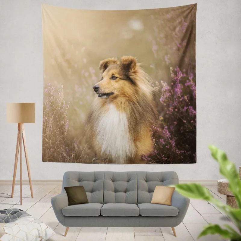 Shetland Sheepdog Amidst Flowers Wall Hanging Tapestry