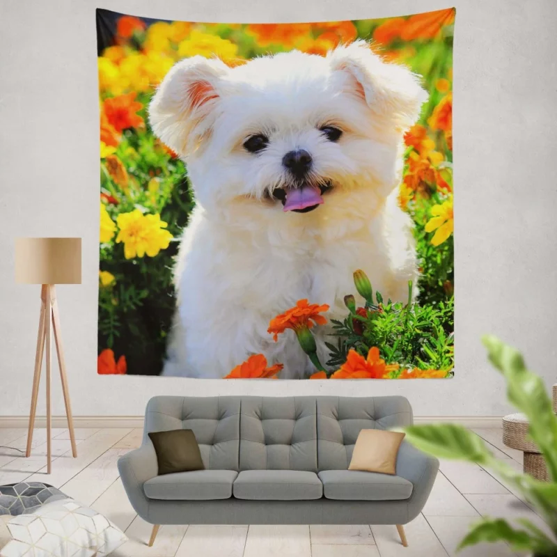 Shih Tzu Puppy Amidst Marigolds Floral Joy Wall Hanging Tapestry