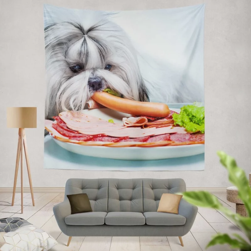 Shih Tzu with Sausage Playful Whimsy Wall Hanging Tapestry