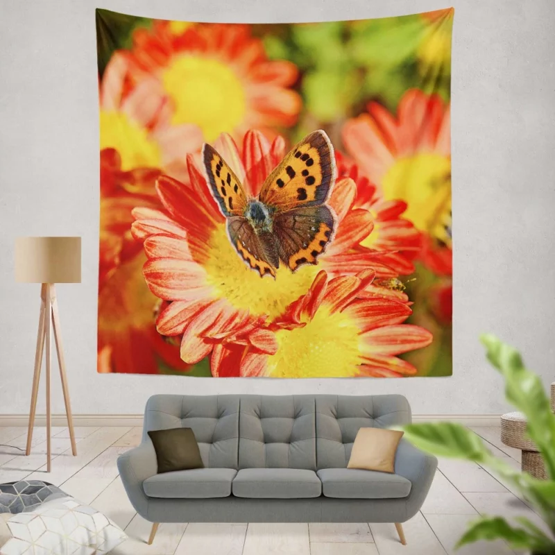 Small Copper on Chrysanthemum Floral Beauty Wall Hanging Tapestry