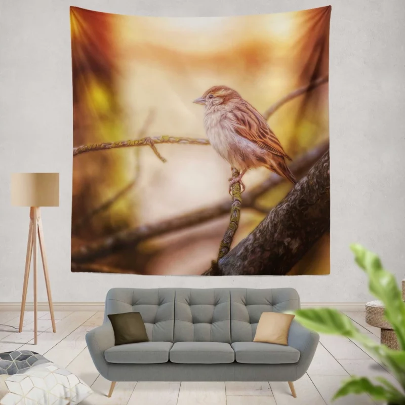 Sparrow Branch Perch Avian Blur Wall Hanging Tapestry