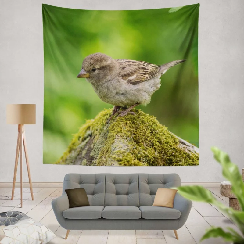 Sparrow Mossy Perch Natural Hideaway Wall Hanging Tapestry