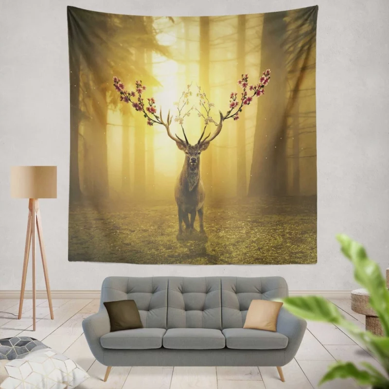 Spring Enchanted Deer in Forest Wall Hanging Tapestry