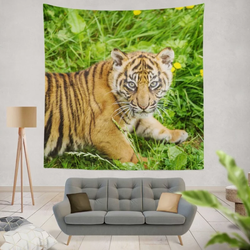 Tiger Cub Grassland Antics Wild Charm Wall Hanging Tapestry