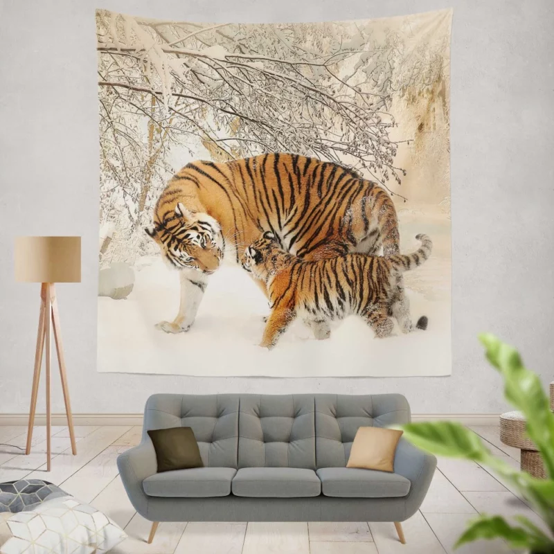 Tiger Cub Innocence in Snowy Bliss Wall Hanging Tapestry