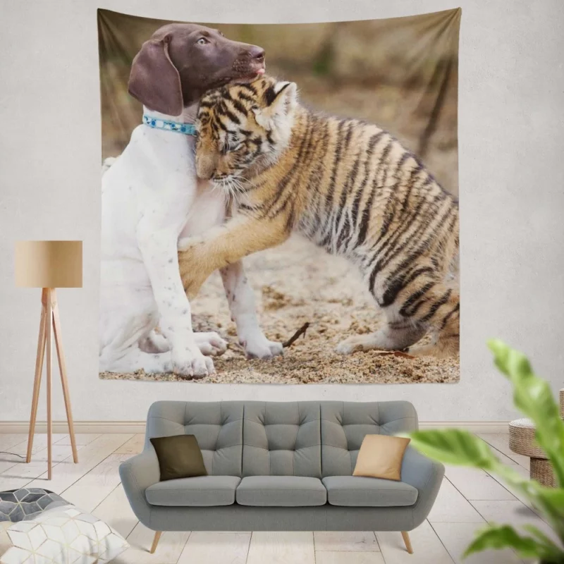 Tiger Hug with Loving Dog Furry Bonds Wall Hanging Tapestry