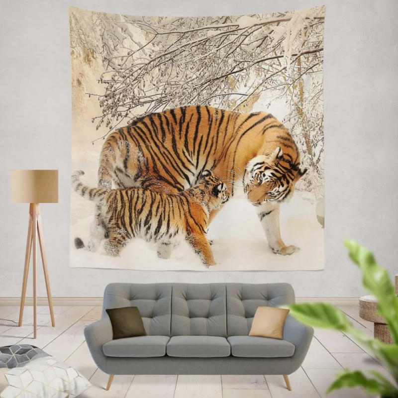 Tiger Playful Bond Family in Snow Wall Hanging Tapestry